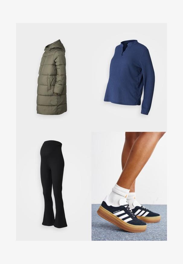 Dame puffer jakke i olivengrøn. Har hætte, hel lynlås, to sidelommer og et quiltet design med vandret syninger.; Blå, langærmet top med henley-udskæring, lavet af tekstureret stof. Har en løs pasform og sideslids for komfort og bevægelsesfrihed.; Sorte ribbede flared bukser med høj talje. Stoffer har en tekstureret overflade og er designet til en tætsiddende silhuet.; Ben iført hvide sokker og sorte Adidas Gazelle sneakers med hvide striber og tykke brune såler på et gråt tæppe.