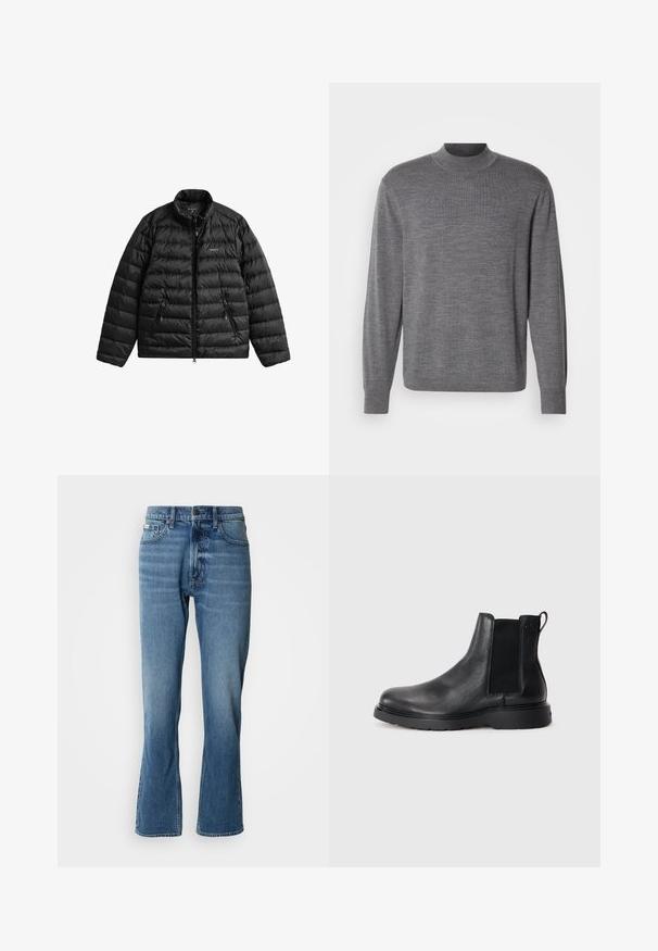 Veste matelassée noire avec fermeture éclair à l'avant, col haut et design matelassé horizontal. Comprend deux poches zippées et un logo sur la poitrine.; Pull gris à manches longues en matériau tricoté, avec un col montant et un logo discret sur la poitrine. Texture lisse et design ajusté.; Jeans en denim bleu clair avec une coupe droite et une légère évasée. Comprend cinq poches, une fermeture à bouton et des détails de décoloration subtils.; Bottes Chelsea en cuir noir avec une finition texturée, des panneaux latéraux élastiques et une semelle en caoutchouc robuste. Branding subtil sur le talon.