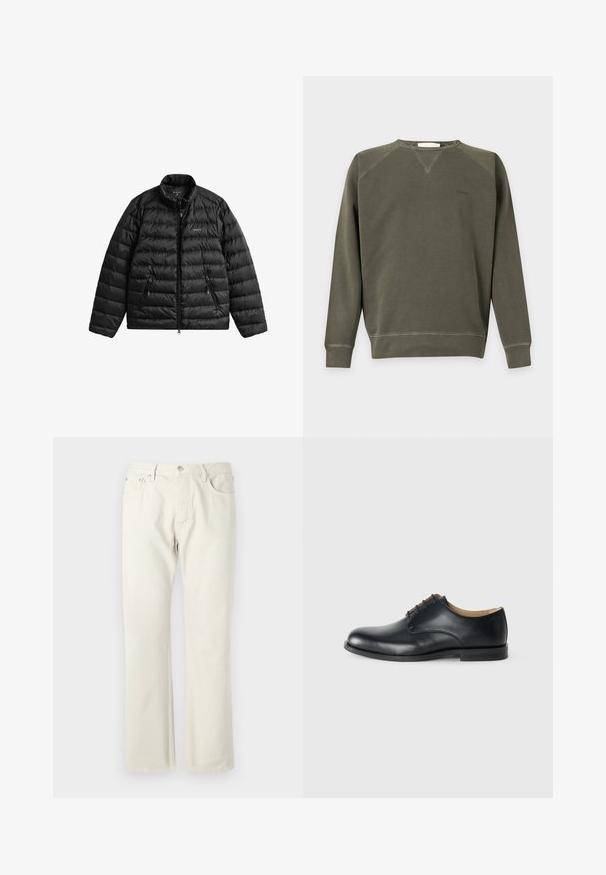 Veste matelassée noire avec fermeture éclair à l'avant, col haut et design matelassé horizontal. Comprend deux poches zippées et un logo sur la poitrine.; Sweat-shirt vert olive à manches longues avec col rond, poignets et bas en bord-côte, coutures minimales et petit logo brodé sur la poitrine.; Jean droit en denim léger beige, fabriqué en coton. Comprend des poches, une fermeture à bouton classique, et une texture subtile sans motifs.; Calvin Klein ESS DERBY - Derbies - triple black