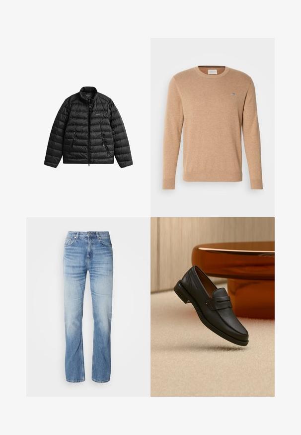 Veste matelassée noire avec fermeture éclair à l'avant, col haut et design matelassé horizontal. Comprend deux poches zippées et un logo sur la poitrine.; Pull beige à col rond, manches longues et poignets côtelés, avec un petit logo brodé sur la poitrine.; Jean en denim bleu clair avec une coupe droite, finition délavée, cinq poches et une fermeture à bouton. Design classique et épaisseur moyenne.; Mocassin homme en cuir noir avec une bande sur le dessus, présenté sur un tapis beige près d'une table ronde moderne marron.