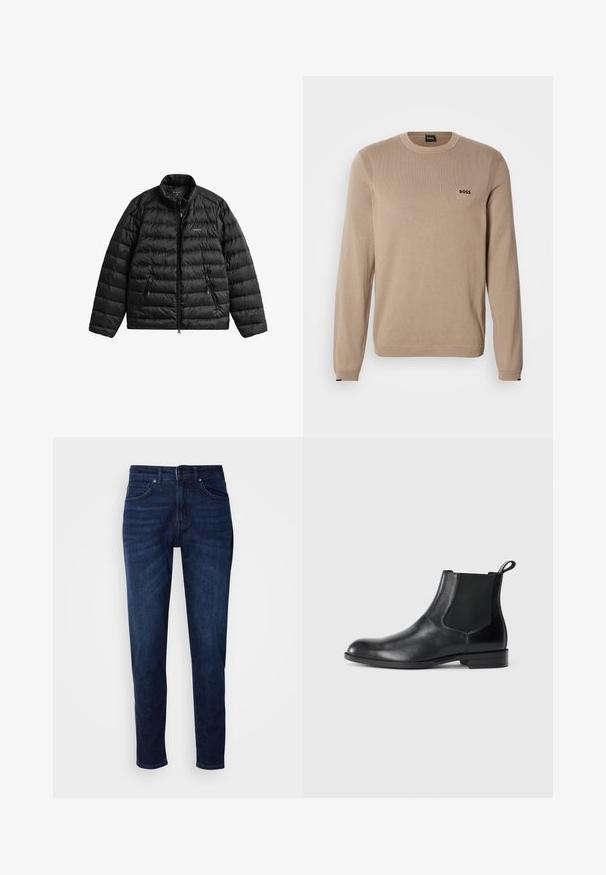 Veste matelassée noire avec fermeture éclair à l'avant, col haut et design matelassé horizontal. Comprend deux poches zippées et un logo sur la poitrine.; Pull en maille beige à manches longues, col rond, détails côtelés et petit logo noir « BOSS » sur la poitrine. Texture douce, coupe classique.; Jean en denim bleu foncé avec une coupe droite, comportant des poches et une fermeture à bouton à la taille. Texture douce, détails de décoloration minimes.; Bottine en cuir noir avec des panneaux latéraux élastiques, bout rond et tirette. Texture lisse, semelle plate, design minimaliste.