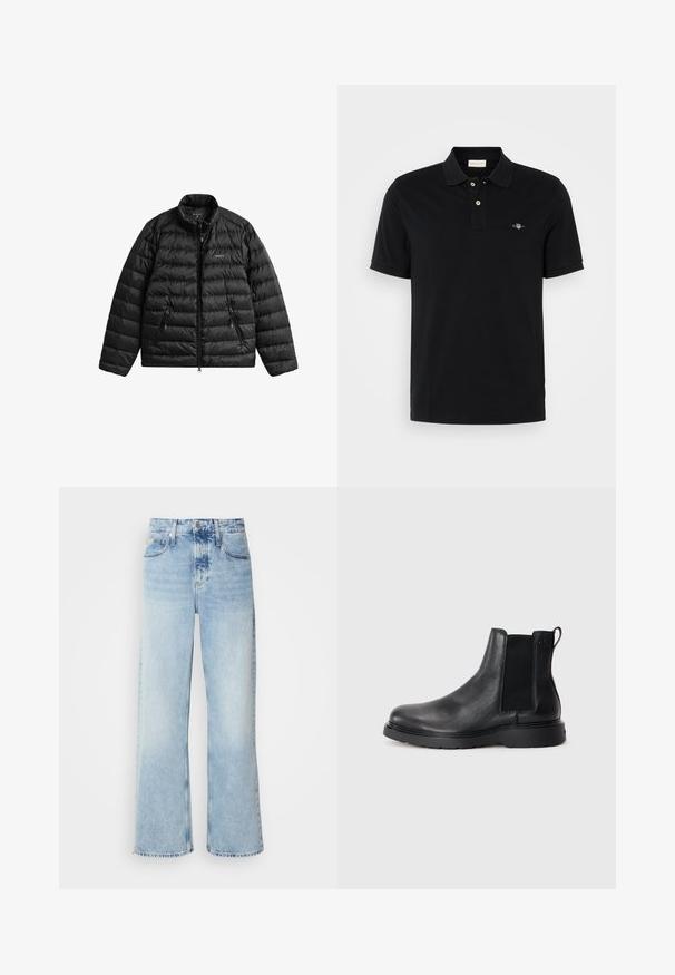 Veste matelassée noire avec fermeture éclair à l'avant, col haut et design matelassé horizontal. Comprend deux poches zippées et un logo sur la poitrine.; Polo noir en coton, doté d'un col classique, d'une patte de boutonnage à deux boutons, de manches courtes et d'un petit logo brodé sur la poitrine.; Jean large bleu clair à taille haute, avec une finition délavée, des passants de ceinture et un design classique à cinq poches. L'ourlet est brut.; Bottes Chelsea en cuir noir avec une finition texturée, des panneaux latéraux élastiques et une semelle en caoutchouc robuste. Branding subtil sur le talon.