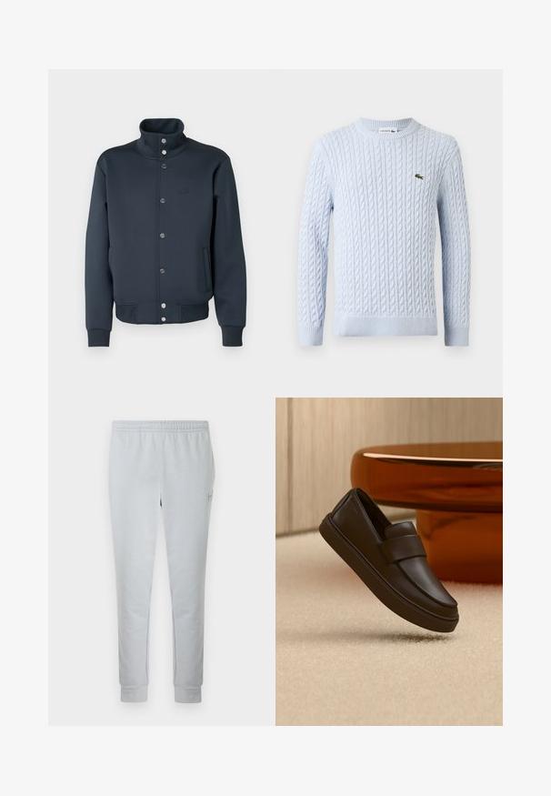 Veste sweat bleu marine avec col montant, fermeture à boutons-pression, poignets en tricot et poches latérales. Présente un logo Lacoste sur la poitrine.; Pull à manches longues en maille torsadée bleu clair avec col rond et petit logo crocodile Lacoste vert brodé sur la poitrine.; Pantalon de survêtement gris clair en tissu doux, doté d'une taille élastique, de jambes fuselées et d'un petit écusson logo sur le côté.; Une chaussure mocassin en cuir marron foncé flottant au-dessus d'un tapis crème avec une table ronde orange en arrière-plan.