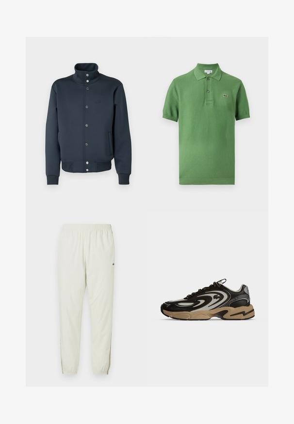 Veste sweat bleu marine avec col montant, fermeture à boutons-pression, poignets en tricot et poches latérales. Présente un logo Lacoste sur la poitrine.; Polo vert à manches courtes avec col, deux boutons et un petit logo crocodile brodé sur la poitrine.; Jogging léger crème avec une taille élastique, des chevilles resserrées, des fentes latérales et un petit logo vert sur la cuisse supérieure.; Baskets noires et beiges avec motifs ondulés, design à lacets et semelle épaisse sur fond clair uni.