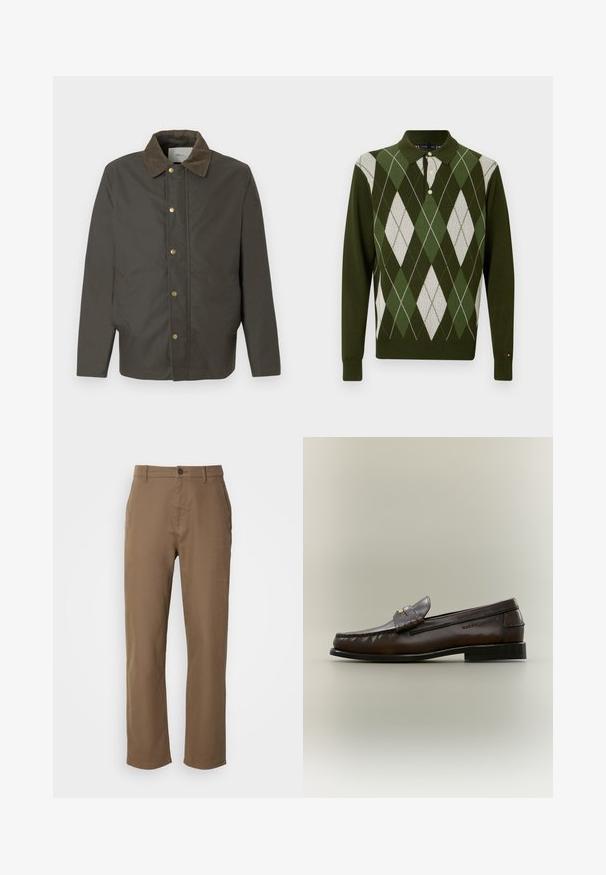 Donkerbruine jas met een corduroy kraag, voorste drukknoopsluiting en zijzakken, tentoongesteld op een effen witte achtergrond.; Groen poloshirt met lange mouwen, versierd met een ruitpatroon in tinten groen en wit. Heeft een kraag en knoopsluiting. Zachte brei textuur.; Bruine katoenen broek met een rechte pasvorm, knoopsluiting en zijzakken. Heeft een gladde textuur en een eenvoudig, onopgesmukt ontwerp.; Donkerbruine leren loafer met een lage zwarte hak, moccasinnaad en een decoratieve band over de bovenkant.