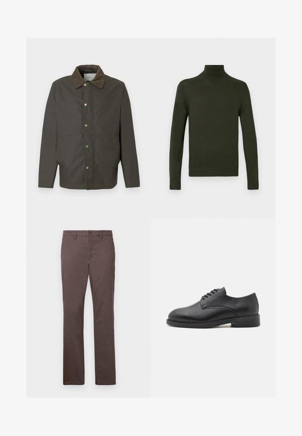 Chaqueta marrón oscura con cuello de pana, botones de presión en la parte delantera y bolsillos laterales, exhibida sobre un fondo blanco liso.; Suéter de cuello alto verde hecho de una tela suave, con mangas largas, puños y dobladillo acanalados, que presenta una silueta ajustada y una textura suave.; Pantalones de algodón marrón con un diseño de pierna recta, cierre de botón y bolsillos frontales. Textura suave y líneas limpias.; Zapato oxford de cuero negro con punta redonda, que presenta un acabado suave, cierre de cordones con cinco ojales y un tacón bajo apilado.