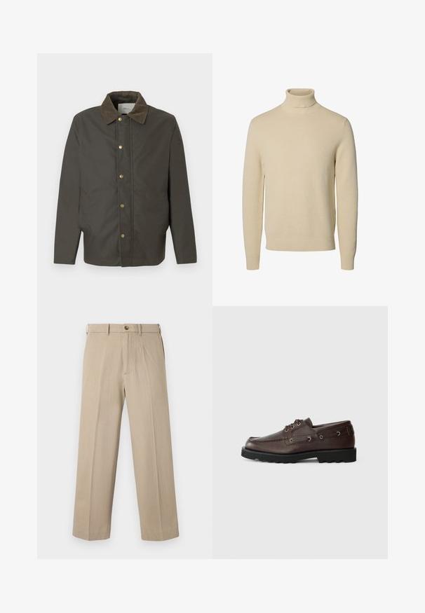 Chaqueta marrón oscura con cuello de pana, botones de presión en la parte delantera y bolsillos laterales, exhibida sobre un fondo blanco liso.; Jersey de punto beige con cuello vuelto, mangas largas y puños y bajo acanalados, mostrado sobre un fondo blanco liso.; Pantalones beige de corte recto con trabillas para cinturón, cierre de botón y bolsillos delanteros, presentados sobre un fondo blanco liso.; Zapato de barco de cuero marrón oscuro con suela y cordones negros resistentes, mostrado en perfil lateral sobre un fondo claro y liso.