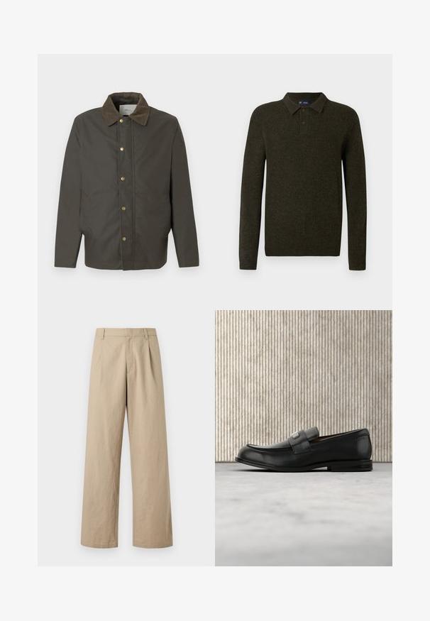 Chaqueta marrón oscura con cuello de pana, botones de presión en la parte delantera y bolsillos laterales, exhibida sobre un fondo blanco liso.; Suéter polo de manga larga verde con un acabado texturizado, tapeta de dos botones y puños acanalados. Diseño simple y clásico adecuado para uso informal.; Pantalones de pierna ancha color beige con trabillas para cinturón, cremallera frontal y pliegues, mostrados sobre un fondo blanco.; Mocasín de cuero negro con una placa metálica de marca apoyado cerca de una mesa redonda marrón sobre un suelo alfombrado beige.