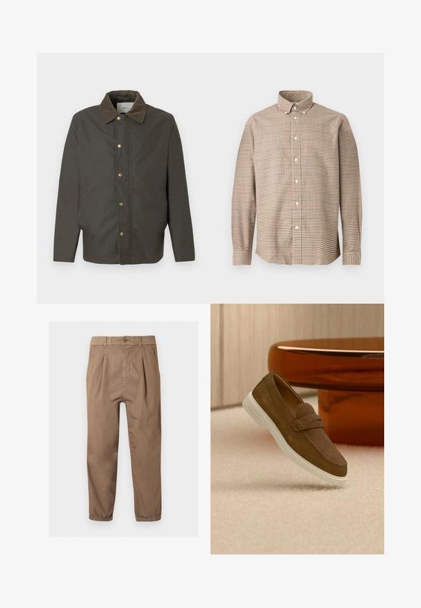 Chaqueta marrón oscura con cuello de pana, botones de presión en la parte delantera y bolsillos laterales, exhibida sobre un fondo blanco liso.; Camisa de botones de manga larga a cuadros en tonos beige y marrón con cuello botones, exhibida sobre un fondo liso, vista frontal.; Pantalones marrones de corte cónico con cierre de botón, pliegues delanteros, bolsillos laterales, trabillas para cinturón y puños elásticos en los tobillos.; Zapato mocasín de ante marrón con suela blanca flotando sobre una alfombra beige junto a la base redondeada de una mesa de color ámbar.
