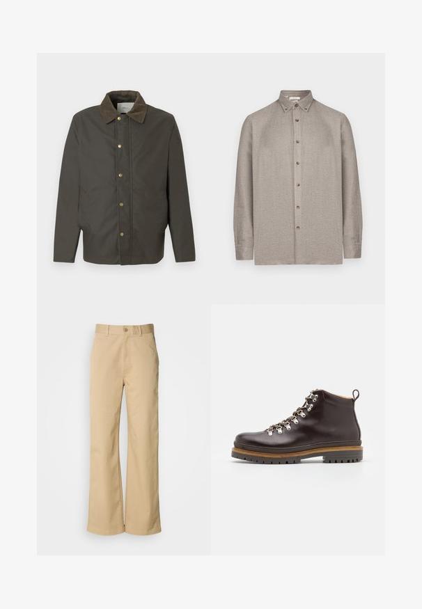 Chaqueta marrón oscura con cuello de pana, botones de presión en la parte delantera y bolsillos laterales, exhibida sobre un fondo blanco liso.; Camisa de botón beige con un patrón texturizado, mangas largas y cuello puntiagudo con botones en las puntas del cuello.; Pantalones beige de pierna ancha, hechos de una mezcla de algodón. Presentan un cierre de botón y trabillas para cinturón. Textura suave, con detalles de costura mínimos.; Zign by Zalando LEATHER - Botines con cordones - brown