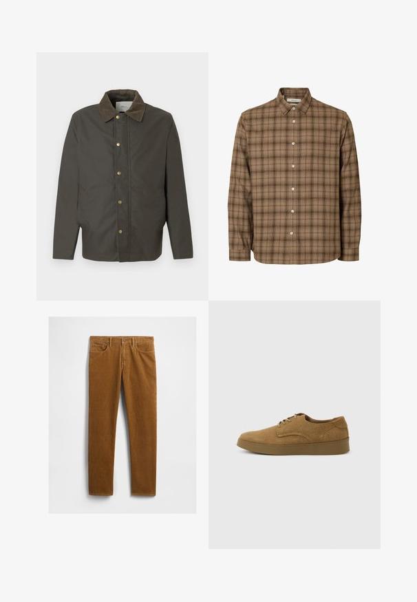 Dunkelbraune Jacke mit Cordkragen, vorderen Druckknöpfen und seitlichen Taschen, vor einem schlichten weißen Hintergrund präsentiert.; Braunes kariertes Langarmhemd mit Knöpfen, Kragen, weißen Knöpfen und geradem Saum, auf weißem Hintergrund präsentiert.; Braune Cordhosen mit geradem Bein, ausgestattet mit fünf Taschen und einem Metallknopfverschluss an der Taille. Strukturierter Stoff.; Brauner Wildleder-Schnürschuh für den Alltag mit flacher Gummisohle, von der Seite auf hellem, einfachem Hintergrund gesehen.
