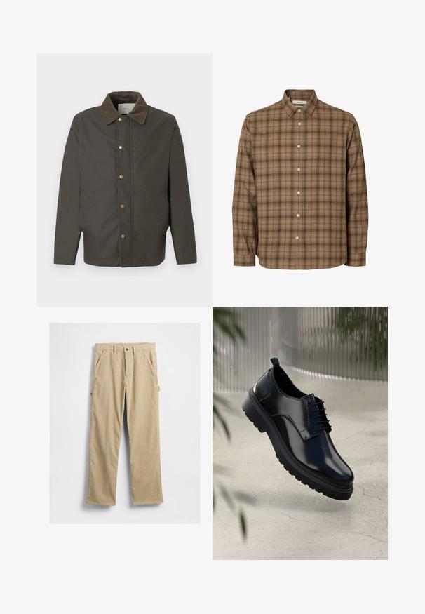 Chaqueta marrón oscura con cuello de pana, botones de presión en la parte delantera y bolsillos laterales, exhibida sobre un fondo blanco liso.; Camisa marrón de cuadros con botones, manga larga, cuello, botones blancos y bajo recto, mostrada sobre un fondo blanco liso.; Pantalones de pana beige con piernas rectas, bolsillos frontales y cierre de botón. Cuenta con un bolsillo lateral y tela texturizada.; Zapato de cuero negro con un acabado brillante, puntera redonda, diseño de cordones, costuras de contraste y una suela de goma gruesa con patrones de tracción.