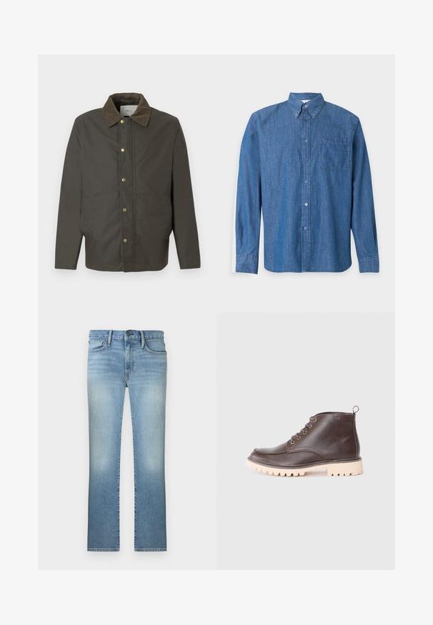Dunkelbraune Jacke mit Cordkragen, vorderen Druckknöpfen und seitlichen Taschen, vor einem schlichten weißen Hintergrund präsentiert.; Langärmliges blaues Denim-Hemd mit Brusttasche und geknöpftem Kragen auf hellem einfarbigem Hintergrund.; Hellblaue Jeans mit geradem Bein, verwaschenen Details, vorne mit Knopf- und Reißverschluss, Gürtelschlaufen sowie Vorder- und Gesäßtaschen.; Brauner Leder-Ankle-Boot mit runder Spitze, beiger, robuster Sohle, sechs goldfarbenen Ösen und einer hinteren Zuglasche für ein einfaches Anziehen.