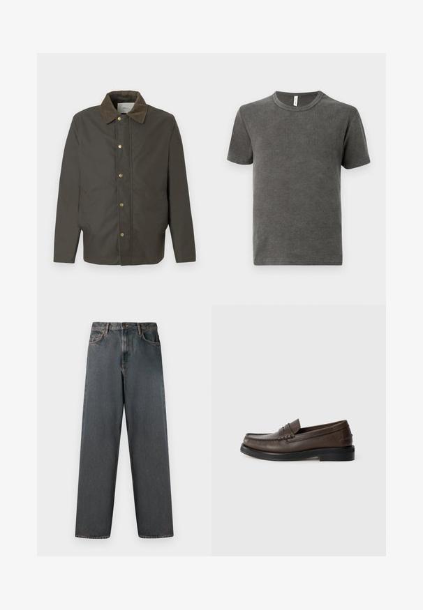 Chaqueta marrón oscura con cuello de pana, botones de presión en la parte delantera y bolsillos laterales, exhibida sobre un fondo blanco liso.; Camiseta gris de cuello redondo hecha de una tela suave, con mangas cortas y un dobladillo recto. Textura lisa sin patrones ni acentos visibles.; Jeans de mezclilla gris oscuro con un diseño de pierna recta, cinco bolsillos y cierre de botón y cremallera. La tela presenta un ligero desgaste y costuras.; Mocasín de cuero marrón con detalle cosido en la punta, suela plana y tacón bajo apilado. Textura suave con elementos de diseño minimalistas.