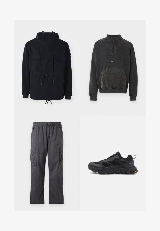 Veste légère noire avec une capuche à cordon de serrage, plusieurs poches avant et une taille cintrée. Tissu lisse avec une coupe décontractée.; Sweat-shirt noir délavé à demi-fermeture éclair, poche kangourou, poignets et ourlet côtelés, avec petit logo « A C W » sur la poitrine.; Pantalon cargo gris foncé avec ceinture élastique, cordon, poches latérales et poches à rabat sur chaque cuisse, présenté à plat sur fond blanc.; Baskets de sport noires avec une semelle épaisse, tige en mesh et synthétique, accents texturés et marque Vibram sur la semelle extérieure.