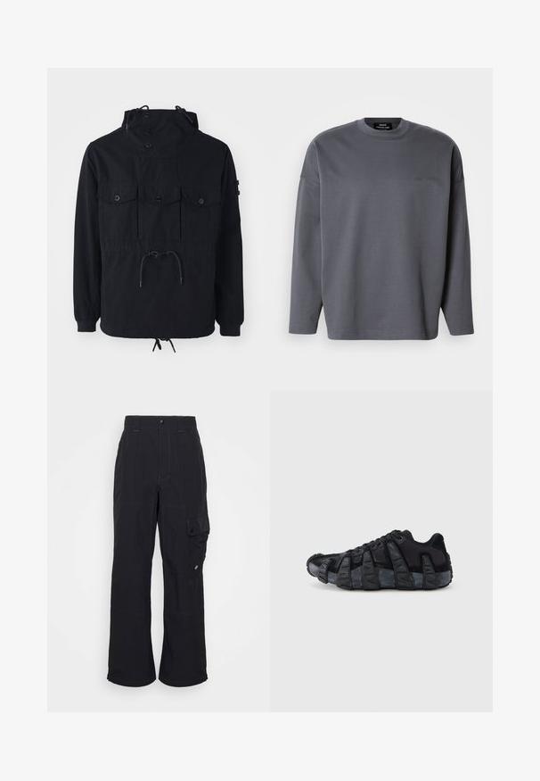 Schwarze leichte Jacke mit einer Kordelzugkapuze, mehreren Vorderaschen und einem taillierten Bund. Glattes Material mit lässiger Passform.; Grauer Langarm-Pullover mit rundem Ausschnitt, aus weichem Material gefertigt. Verfügt über ein dezentes Logo in der oberen linken Ecke. Taillierter Schnitt.; Schwarze Cargo-Hosen aus strukturiertem Stoff, mit weiter Beinform, sichtbaren Nähten und einer seitlichen Tasche mit Druckknopfverschluss.; Schwarzer Sneaker mit übertriebener gerippter Sohle, Schnürdesign und Obermaterial aus gemischtem Textil und Wildleder, von der Außenseite vor weißem Hintergrund gezeigt.