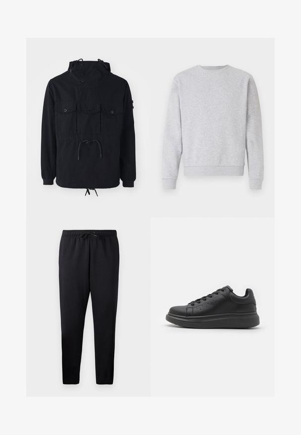 La chaqueta ligera negra presenta una capucha con cordón, múltiples bolsillos delanteros y una cintura ajustada. Tejido suave con un corte relajado.; Sudadera gris de tela suave, con cuello redondo, mangas largas y puños y dobladillo acanalados. Diseño simple sin logos ni patrones.; Joggers negros ajustados hechos de una tela suave, con una cinturilla elástica y cordón, tobillos con puños y sin bolsillos.; Jack & Jones Trainers Trainers - Zapatillas - black