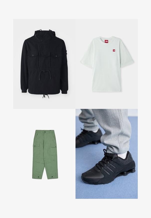 Schwarze leichte Jacke mit einer Kordelzugkapuze, mehreren Vorderaschen und einem taillierten Bund. Glattes Material mit lässiger Passform.; Hellgrünes Kurzarm-T-Shirt aus weicher Baumwolle, mit einem kleinen roten Logostein auf der linken Brustseite. Entspannte Passform und runder Halsausschnitt.; Grüne Cargo-Hosen mit lockerer Passform, zwei großen Seitentaschen und verstellbaren Knöchellängen. Hergestellt aus strukturiertem Baumwollstoff.; Person in schwarzen Nike Shox Sneakers und grauen Jogginghosen, der auf einem hellblauen Teppich steht.