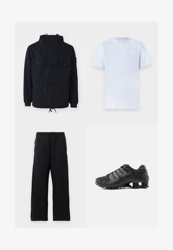 Schwarze leichte Jacke mit einer Kordelzugkapuze, mehreren Vorderaschen und einem taillierten Bund. Glattes Material mit lässiger Passform.; Hellblaue Baumwoll-T-Shirt mit kurzen Ärmeln, Rundhalsausschnitt und einem weißen Nike-Logo, das auf der linken Brust gedruckt ist. Glatte Textur, schlichtes Design.; Schwarze Jogginghosen aus weichem Material, mit einem Kordelzugbund, weitem Beinschnitt und seitlichen Taschen mit glatter Textur.; Schwarzer Sportschuh mit strukturiertem Obermaterial, Schnürverschluss und markanter federartiger Sohlenunterstützung, sichtbar auf weißem Hintergrund.