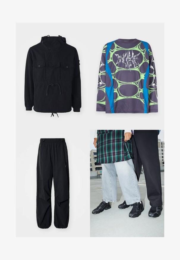 Schwarze leichte Jacke mit einer Kordelzugkapuze, mehreren Vorderaschen und einem taillierten Bund. Glattes Material mit lässiger Passform.; Langärmliges Hemd aus glattem Stoff mit dunkelgrauer Basis, grünen, blasenartigen Mustern und blauen Akzenten. Auf der Vorderseite befindet sich eine stilisierte weiße Grafik.; Schwarze leichte Cargo-Hosen mit elastischem Bund, seitlichen Reißverschlüssen und geräumigen Taschen. Bietet eine lockere Passform und tapered Bündchen.; Schwarze Sportschuhe mit Mesh- und Gummielementen. Kombiniert mit hellgrauen weiten Jeans und einem karierten grünen Oberteil. Flacher Hintergrund.