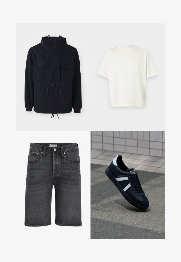 Veste légère noire avec une capuche à cordon de serrage, plusieurs poches avant et une taille cintrée. Tissu lisse avec une coupe décontractée.; T-shirt blanc uni à manches courtes, coupe ample et col rond, présenté sur un fond gris clair.; Short en jean noir avec bouton et fermeture éclair, poches avant et arrière, coupe droite et coutures apparentes.; Sneaker en cuir noir avec des rayures blanches, semelle en caoutchouc texturée et devant à lacets. Présente une étiquette de marque sur la languette.