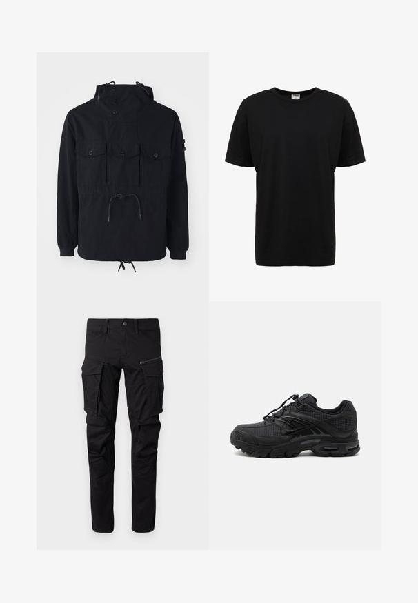 Schwarze leichte Jacke mit einer Kordelzugkapuze, mehreren Vorderaschen und einem taillierten Bund. Glattes Material mit lässiger Passform.; Schwarzes Baumwoll-T-Shirt mit Rundhalsausschnitt, kurzen Ärmeln, normaler Passform, glatter Textur und ohne sichtbare Muster oder Akzente.; Schwarze Cargo-Hosen aus strapazierfähigem Stoff, mit mehreren Seitentaschen, einer Reißverschlusstasche, schmal zulaufenden Beinen und verstärkten Nähten.; Schwarzer athletischer Sneaker mit strukturiertem Stoff, dicker gepolsterter Sohle, Luftauslässen und Schnürverschluss, von der Seite auf hellem Hintergrund gezeigt.