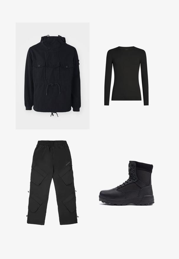 Schwarze leichte Jacke mit einer Kordelzugkapuze, mehreren Vorderaschen und einem taillierten Bund. Glattes Material mit lässiger Passform.; Schwarzes, langärmeliges, figurbetontes T-Shirt mit Rundhalsausschnitt und dezentem Icebreaker-Logo auf dem linken Ärmel, dargestellt vor weißem Hintergrund.; Schwarze Cargo-Hosen aus leichtem, strukturiertem Material. Verfügen über einen elastischen Bund, mehrere große Taschen und verstellbare Bündchen.; Schwarzer taktischer Stiefel mit einem glatten Lederoberteil und Stoffpaneelen, hoher Knöchelgestaltung, schnürbarem vorderen Teil und robustem Gummisohle.
