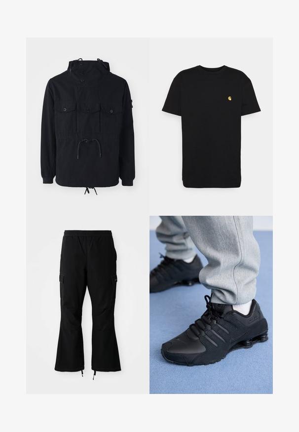 Schwarze leichte Jacke mit einer Kordelzugkapuze, mehreren Vorderaschen und einem taillierten Bund. Glattes Material mit lässiger Passform.; Schwarzes Baumwoll-T-Shirt mit kurzen Ärmeln, Rundhalsausschnitt und einem kleinen gelben Logo im linken Brustbereich. Einfaches Design und normale Passform.; Schwarze Cargo-Hosen mit elastischem Bund, ausgestattet mit Seitentaschen und ausladenden Beinen mit Reißverschlüssen an den Beinabschlüssen, vor einem weißen Hintergrund präsentiert.; Person in schwarzen Nike Shox Sneakers und grauen Jogginghosen, der auf einem hellblauen Teppich steht.