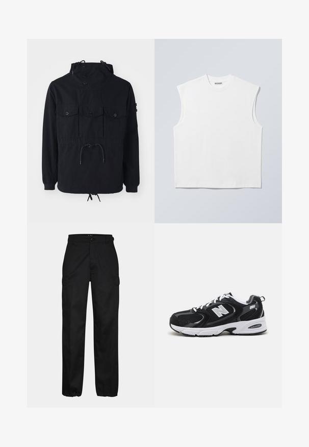 Schwarze leichte Jacke mit einer Kordelzugkapuze, mehreren Vorderaschen und einem taillierten Bund. Glattes Material mit lässiger Passform.; Weißes ärmelloses Baumwolltop mit Rundhalsausschnitt und strukturierten Schultern, mit "WEEKDAY" auf dem Kragenetikett versehen, vor hellgrauem Hintergrund dargestellt.; Schwarze Cargo-Hosen mit geradem Schnitt, ausgestattet mit Seitentaschen, einem Knopfverschluss und elastischen Bündchen an den Knöcheln. Hergestellt aus strapazierfähigem Material.; Schwarze und graue Sportschuhe mit Obermaterial aus Mesh und Wildleder, ausgestattet mit einer weißen Zwischensohle, Schnürsenkeln und einem markanten "N"-Logo an der Seite.