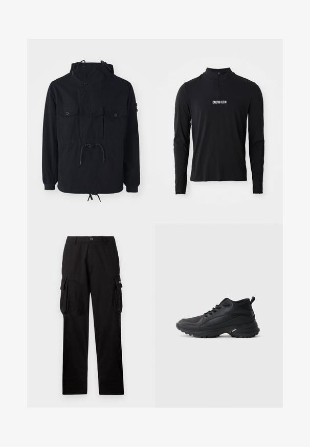Schwarze leichte Jacke mit einer Kordelzugkapuze, mehreren Vorderaschen und einem taillierten Bund. Glattes Material mit lässiger Passform.; Schwarzes Langarmoberteil mit hohem Kragen, ausgestattet mit einem Viertel-Reißverschluss und weißem "CALVIN KLEIN" Logo auf der Vorderseite. Glatter, elastischer Stoff.; Schwarze Cargo-Hose aus strapazierfähigem Material, mit lockerer Passform, Seitentaschen und Knopfverschluss. Glatte Textur mit leichtem Glanz.; Schwarze Sportschuhe aus synthetischem Material. Ausgestattet mit einem gepolsterten Kragen, einer runden Spitze, einer robusten Laufsohle mit Profil und einem Markenlogo.