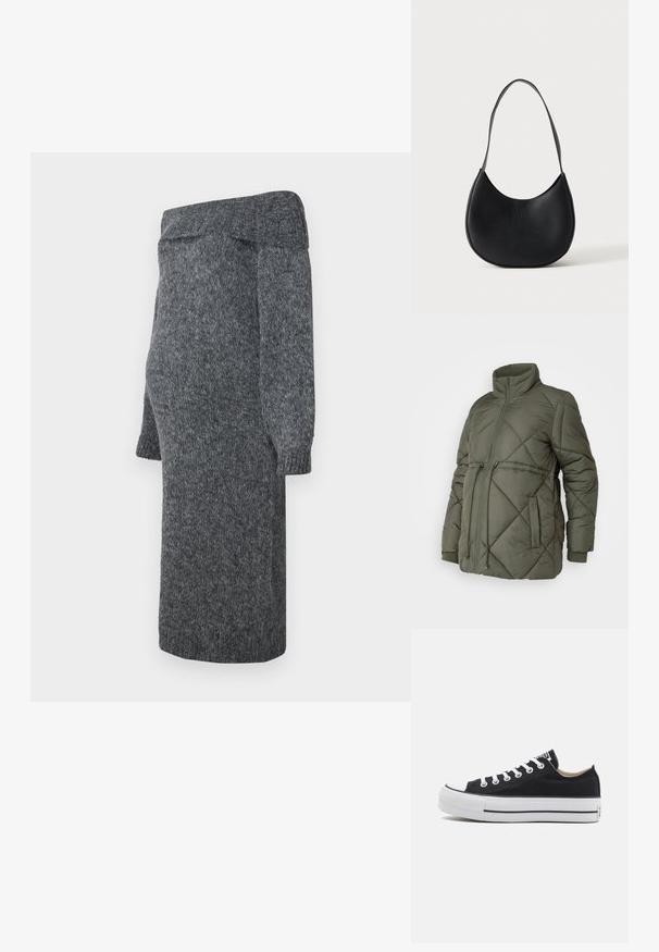 Olijfgroene, gequiltte pufferjas met een hoge kraag, ritssluiting aan de voorkant, elastische manchetten en een verstelbare koord aan de taille.; Grijze gebreide jurk met een off-shoulder ontwerp, lange poeffen mouwen en geribbelde manchetten; zachte textuur en midi-lengte.; Lage zwarte canvas sneaker met witte rubberen zool, witte veters en een zwarte streep langs de zool, zijaanzicht.; Zwarte leren schoudertas in halve maansvorm met een enkele riem en subtiel gegraveerde merknaam op een effen lichte achtergrond.