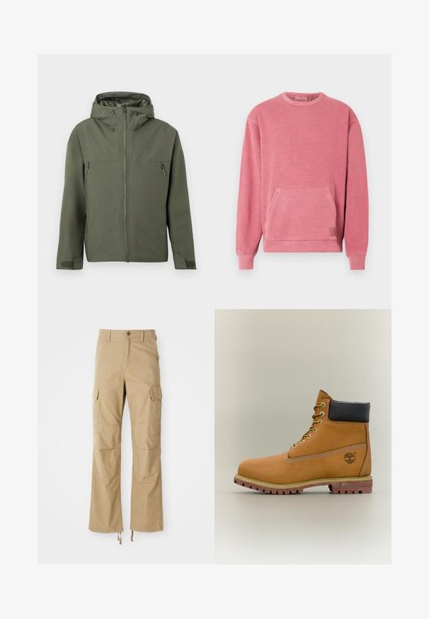 Veste vert olive avec fermeture éclair, capuche réglable et deux poches avant zippées. Design minimaliste avec tissu texturé.; Sweat-shirt rose avec encolure ronde, manches longues, poche avant, et poignets et base côtelés. Comprend un petit écusson logo.; Pantalons cargo kaki en tissu durable, dotés de plusieurs poches latérales, d'une coupe droite et de cordons de serrage réglables à l'ourlet.; Bottine en cuir marron avec col noir, lacets jaunes et semelle beige. Présente un logo et des détails de couture blanche. Semelle extérieure à traction robuste.