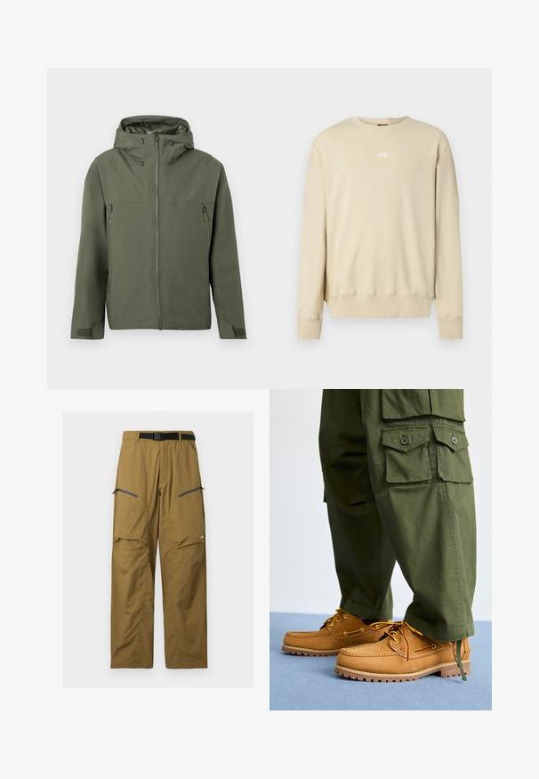Veste vert olive avec fermeture éclair, capuche réglable et deux poches avant zippées. Design minimaliste avec tissu texturé.; Sweat-shirt beige à manches longues, poignets côtelés et encolure ronde. Présente un petit logo blanc sur la poitrine. Texture douce.; Pantalon de plein air kaki avec ceinture noire réglable, deux poches zippées sur les cuisses et coutures au niveau des genoux, présenté sur un fond uni.; Timberland AUTHENTIC 3 EYE - Chaussures bateau - wheat