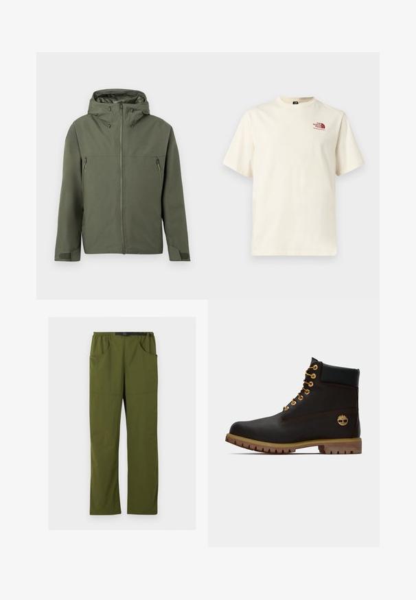 Veste vert olive avec fermeture éclair, capuche réglable et deux poches avant zippées. Design minimaliste avec tissu texturé.; T-shirt manches courtes blanc cassé avec logo bordeaux « The North Face » sur la poitrine gauche, col rond, design simple.; Pantalon droit vert olive avec taille élastique et ceinture noire ajustable à boucle, poches avant et latérales, détail coutures avant.; Bottine noire en cuir avec œillets dorés, accents marron et semelle en caoutchouc. Comprend un col rembourré et un logo estampé sur le côté.