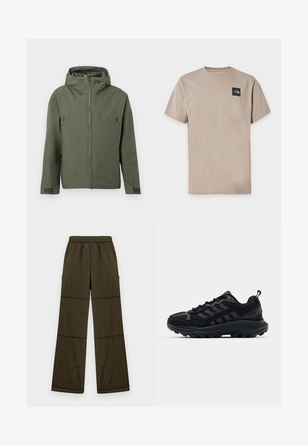 Veste vert olive avec fermeture éclair, capuche réglable et deux poches avant zippées. Design minimaliste avec tissu texturé.; T-shirt beige à manches courtes avec col rond et petit logo noir The North Face sur la partie supérieure gauche de la poitrine.; Pantalon ample vert olive foncé avec taille élastique, coutures visibles et poches latérales, présenté sur un fond clair uni.; Chaussures de sport noires avec une tige en mesh texturé et en suède, bout renforcé et semelle extérieure robuste. Présente un design à lacets et une languette.