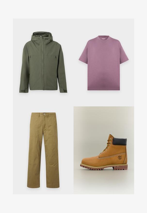 Veste vert olive avec fermeture éclair, capuche réglable et deux poches avant zippées. Design minimaliste avec tissu texturé.; T-shirt à manches courtes oversized avec col rond, en mauve doux, sans motifs ni graphismes visibles, sur un fond uni.; Pantalon kaki à jambe droite avec des détails de coutures visibles, des passants de ceinture, une fermeture par bouton à l'avant, et des panneaux en forme de patchs aux genoux.; Bottine en cuir marron avec col noir, lacets jaunes et semelle beige. Présente un logo et des détails de couture blanche. Semelle extérieure à traction robuste.