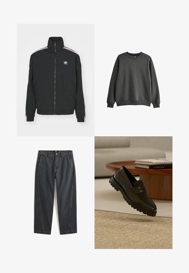 Sort jakke med høj krave, lynlås lukning og to sidelommer. Hvite tre-stribe accenter på ærmerne og lille logo på brystet.; Mørkegrå crewneck sweatshirt med lange ærmer, ribbede manchetter og kant, præsenteret på en hvid baggrund.; Mørkegrå bukser med lige ben, bæltestropper, forlommer, knap- og lynlåslukning samt mærket Vans label på indvendig linning.; Sort læderloafer med kraftig slidstærk sål, der svæver over et tekstureret beige tæppe, et rundt træ-sofabord og stablede bøger i baggrunden.