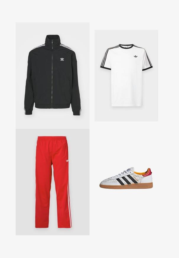 Zwarte jas met hoge kraag, ritssluiting en twee zijzakken. Witte drie-strepen accenten op de mouwen en klein logo op de borst.; Witte katoenen t-shirt met zwart geribde halslijn en mouwen, met drie zwarte strepen op elke schouder en een klein logo op de borst.; Rode trainingsbroek van lichtgewicht stof met een elastische tailleband en witte strepen aan de zijkanten. Voorzien van een klein logo bij de heup.; Witte Adidas Spezial sneaker met zwarte strepen, gumzool, doorgestikt patroon, rood hielstuk en gele voering, zijaanzicht.
