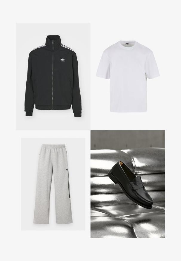 Sort jakke med høj krave, lynlås lukning og to sidelommer. Hvite tre-stribe accenter på ærmerne og lille logo på brystet.; Hvid kortærmet t-shirt lavet af bomuld. Har en rund halsudskæring og en afslappet pasform. Glat tekstur, minimalistisk design, ingen mønstre eller accenter.; Lysegrå vidtløftede joggingbukser med elastisk talje og sort Adidas trefoil-logo på højre lår.; Sort læderloafer svæver over en skinnende sølvfarvet, polstret lædersofa i et minimalistisk miljø.