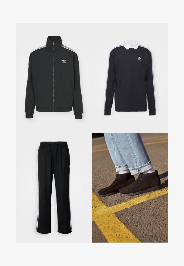 Zwarte jas met hoge kraag, ritssluiting en twee zijzakken. Witte drie-strepen accenten op de mouwen en klein logo op de borst.; Zwarte longsleeve polo met witte kraag en drie witte strepen langs de mouwen; voorzien van een geborduurd Adidas-logo op de borst.; Zwarte sportbroeken met een elastische tailleband, voorzien van witte zijkanten en een klein logo. Het materiaal lijkt zacht en lichtgewicht te zijn.; Zwarte suède enkellaarsjes met een gladde textuur, een gebogen neus en gestikte details. Combinatie met lichtblauwe opgerolde jeans en witte sokken.
