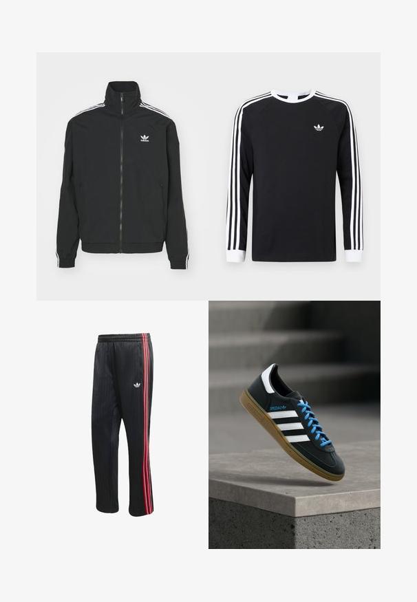 Sort jakke med høj krave, lynlås lukning og to sidelommer. Hvite tre-stribe accenter på ærmerne og lille logo på brystet.; Sort langærmet T-shirt med hvidt trestribet design på ærmerne. Har rund halsudskæring og et lille hvidt logo på brystet.; Sorte træningsbukser med lodret ribbet tekstur, der har røde og hvide sidelommer og en lille hvid logo på venstre ben.; Sort Adidas sneaker med hvide striber, blå snørebånd og gummisål, der svæver over gråt betontrin i blødt lys.