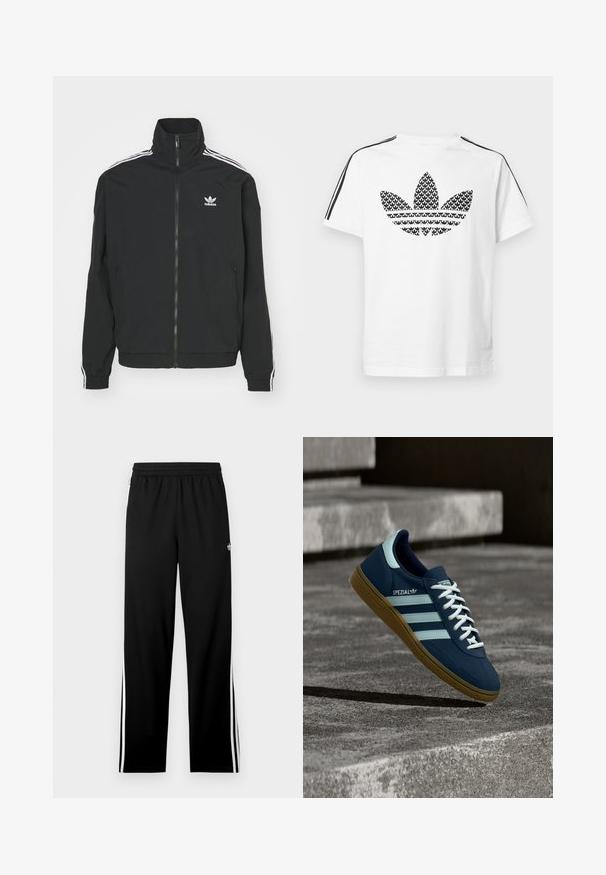 Čierna bunda s vysokým golierom, so zapínaním na zips a dvoma bočnými vreckami. Biele trojprúžkové akcenty na rukávoch a malé logo na hrudi.; Biele bavlnené tričko s čiernym grafickým logom treliu na prednej strane, so zvýraznením v podobe čiernych pruhov na ramenách.; Čierne športové nohavice z sieťoviny, s rovno strihaným dizajnom, elastickým pásom a bielymi bočnými pásikmi. Zobrazené športové logo.; Modré tenisky Adidas Spezial s bielymi pruhmi a šnúrkami, gumovou podrážkou, plávajúce nad drsným betónovým povrchom a schodmi v pozadí.