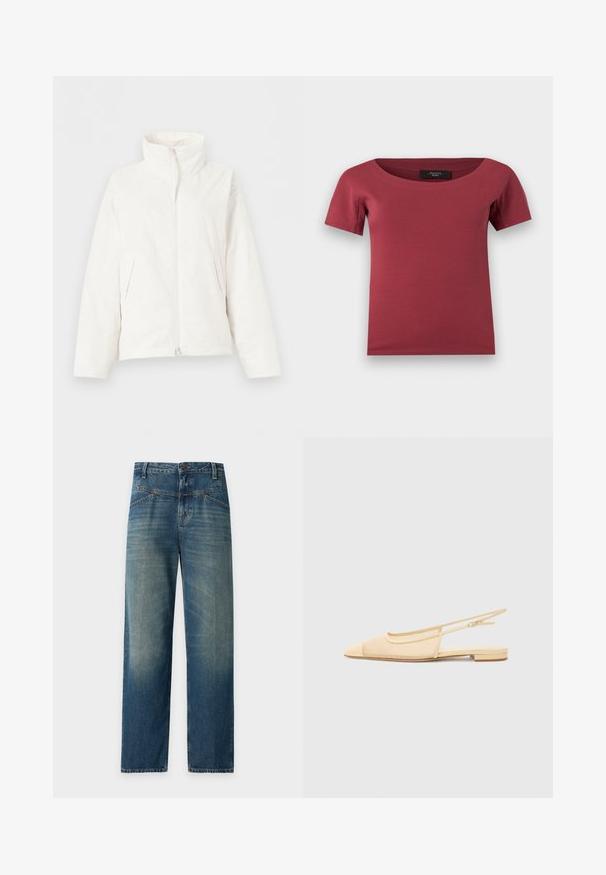 Veste matelassée blanche avec col haut, manches longues, fermeture éclair avant et poches latérales sur fond uni.; Haut pour femmes à manches courtes, de couleur rose foncé, avec un large décolleté en arrondi et une coupe ajustée, posé à plat sur un fond blanc.; Jean en denim bleu avec une coupe droite, bouton et fermeture éclair à l’avant, et des détails légèrement délavés sur les cuisses et les genoux.; Chaussure plate slingback en beige clair avec une tige en maille, un bout pointu et un petit talon. Dotée d'une sangle ajustable pour un bon maintien.