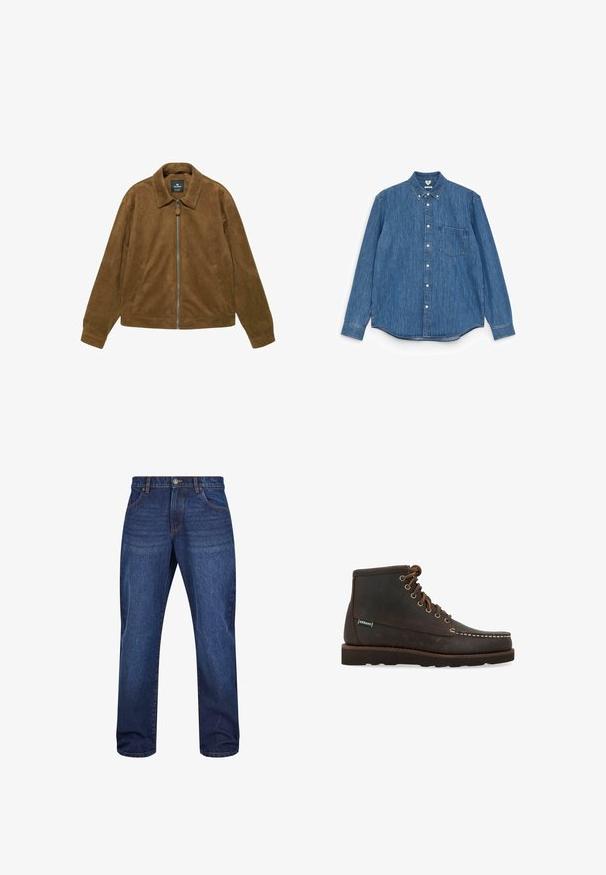 Veste zippée en suède marron avec col et deux poches latérales, coupe décontractée et manches longues.; Chemise en denim bleu à manches longues avec un col pointu, des boutons blancs, une poche poitrine unique et un ourlet droit. Texture uniforme et poids moyen.; Jeans en denim bleu foncé avec une coupe droite, dotés de poches avant, d'une fermeture à bouton et d'un léger délavage sur le tissu.; Sebago Bottines à lacets - marrone