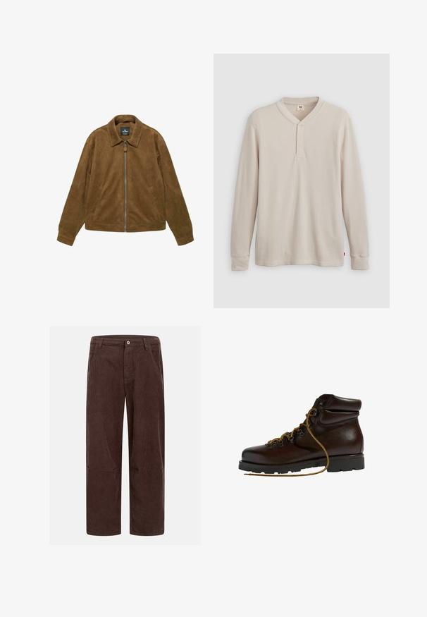 Veste zippée en suède marron avec col et deux poches latérales, coupe décontractée et manches longues.; T-shirt henley à manches longues en tissu côtelé beige clair, avec un col en V, une patte de boutonnage à trois boutons et des manches à poignets. Étiquette logo rouge à l'ourlet.; Pantalon en velours côtelé marron avec une coupe droite, doté d'une fermeture avant à boutons, de poches latérales et d'une texture côtelée.; Bottine de randonnée en cuir marron avec un bout arrondi, surface texturée, lacets jaunes et œillets en métal. Dotée d'une semelle en caoutchouc noir robuste.