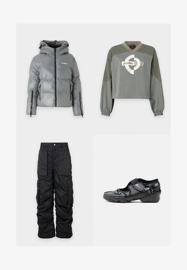 Hallide hall puffer jope kapuutsiga, millel on ees tõmblukk, kaks küljetaskut tõmbelukuga ja logo rinnal. Sile, läikiv kangas.; Pikendusega lühike pulli särk, elastsete mansettidega, tuhm roheline-hall värviplokkidega ja valge Jordan logo, mis on keskel rinnal.; Mustad isoleeritud cargo püksid mustas värvuses, millel on sile tekstuur, mitmed taskud, lukuga sääreosa ja nööpkinnitus vööl.; Must Nike Air jalanõu takjapaelaga, kaunistatud väikeste mustade lilleornamentidega külgedel ja ees.