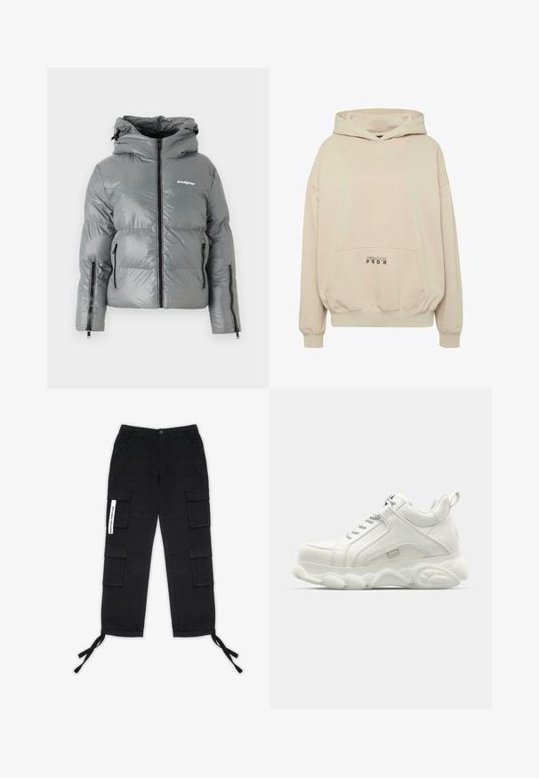 Grå pufferjakke med hætte, der har en frontlynlås, to sidelommer med lynlås og et logo på brystet. Glat, shiny stof.; Beige hættetrøje med en forlomme, ribbede manchetter og snøre i hætten. "PECADOR PGDR" tekst trykt på lommedelen.; Pegador TANAMI WIDE PANTS - Cargobukser - black; Hvide atletiske sneakers med en glat læderoverdel, rund sål og tekstureret accent. Har snørebånd og en slippe-strop bagpå.