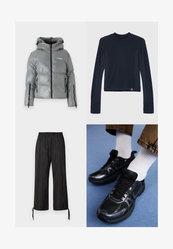 Grå pufferjakke med hætte, der har en frontlynlås, to sidelommer med lynlås og et logo på brystet. Glat, shiny stof.; Langærmet navy top i ribbestrik med prikkede detaljer langs ærmerne og en høj halsudskæring. Varemærkets logo i nederste venstre hjørne.; Sorte, løstsiddende bukser med elastisk talje og justerbare snøringer ved anklerne. Glat stof med en subtil glans.; Sorte Nike-sneakers med mesh og syntetisk materiale, der har en struktureret overdel, sorte snørebånd og holdbare gummisåler. Hvide ribstrikkede sokker er synlige.