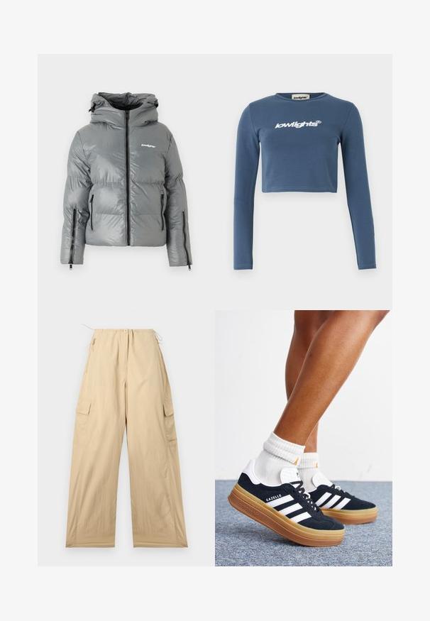 Grå pufferjakke med hætte, der har en frontlynlås, to sidelommer med lynlås og et logo på brystet. Glat, shiny stof.; Blå cropped langærmet skjorte lavet af blødt bomuld, med hvid broderet "lowlights" logo på forsiden. Glat overflade, ribbet halsudskæring.; Beige cargo bukser med relaxed fit, der har en snor i taljen, to sidelommer og et glat, let materiale.; Ben iført hvide sokker og sorte Adidas Gazelle sneakers med hvide striber og tykke brune såler på et gråt tæppe.