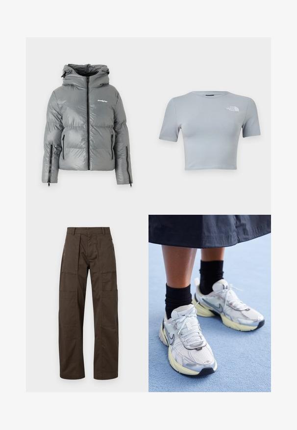 Grå pufferjakke med hætte, der har en frontlynlås, to sidelommer med lynlås og et logo på brystet. Glat, shiny stof.; Lysegrå croppet T-shirt med korte ærmer, rund halsudskæring og hvidt "The North Face"-logo på venstre bryst.; Brune cargo bukser lavet af holdbart stof med flere lommer, en afslappet pasform og fremtrædende syninger for øget holdbarhed.; Hvide og sølv Nike sneakers med mesh-stof, reflekterende detaljer og en beige sål. Bæres med sorte sokker og står på en blå overflade.